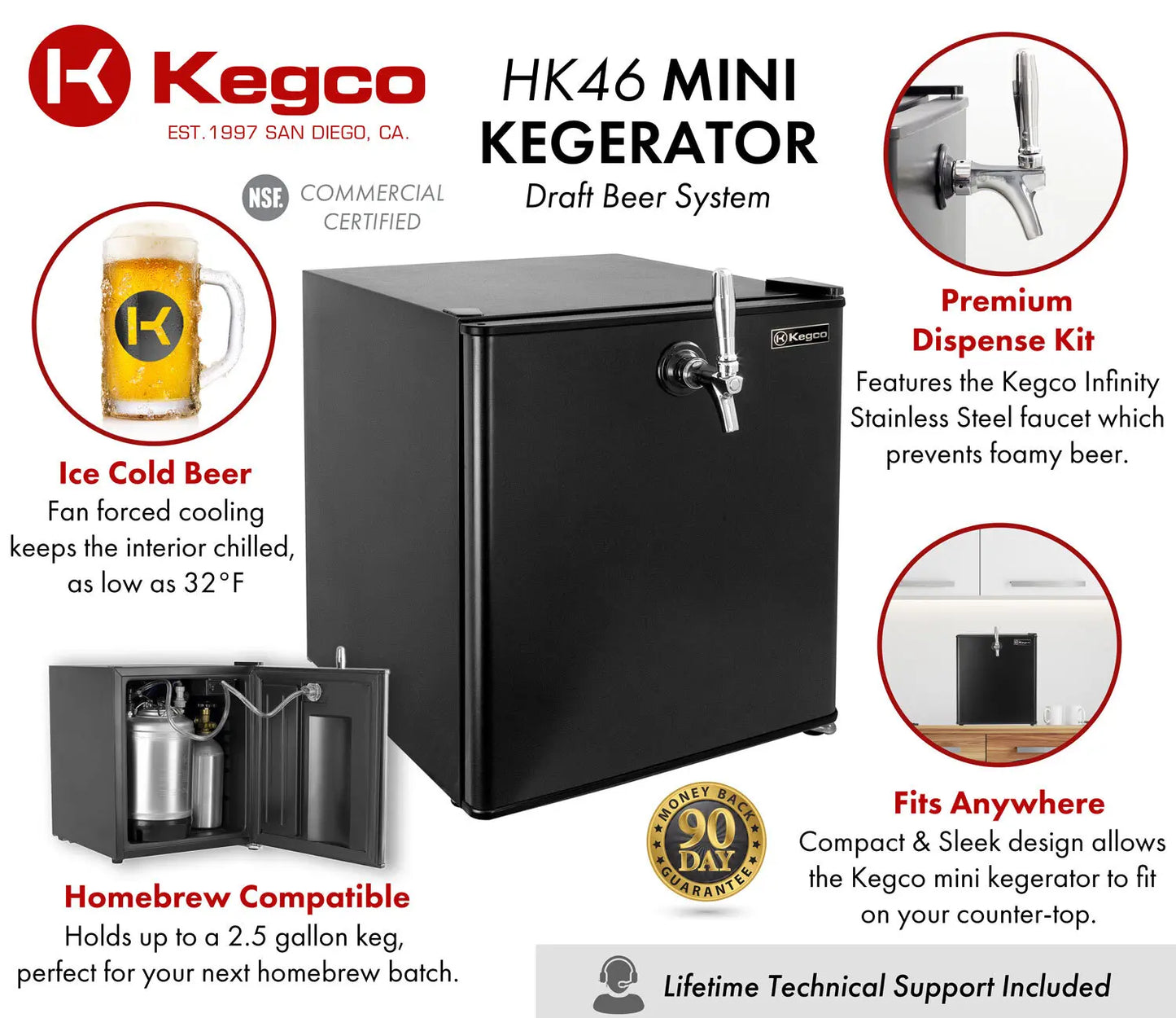 Kegco 17" Wide Single Tap Commercial/Residential Mini Kegerator - HK-46-DB